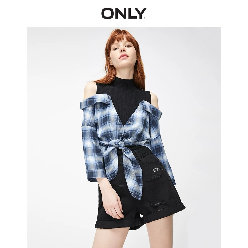 ONLY Denim Blue Plaid Faux Layered Knit Blouse Black Panel Tie Hem Spring